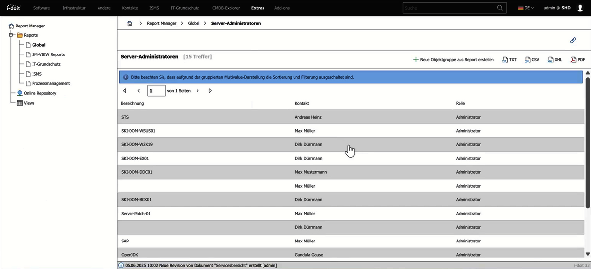 Screenshot aus dem Tool i-doit für IT-Dokumentation, der eine Übersicht aller Server-Administratoren zeigt - inklusive Bezeichnung, Kontakt und Rolle.