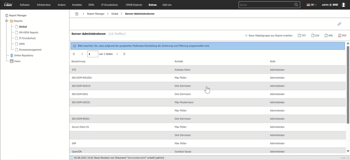 Screenshot aus dem Tool i-doit für IT-Dokumentation, der eine Übersicht aller Server-Administratoren zeigt - inklusive Bezeichnung, Kontakt und Rolle.