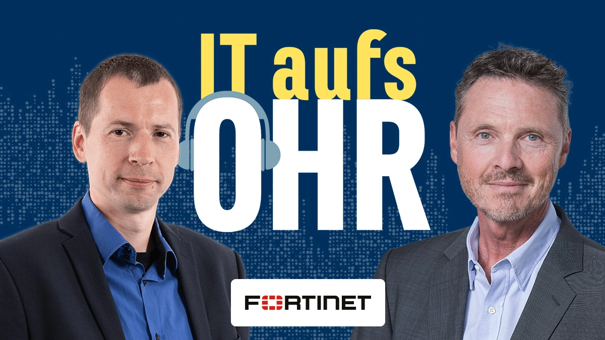 Zwei Männer diskutieren IT-Themen, präsentiert von SHD und Fortinet in einem modernen Setting.