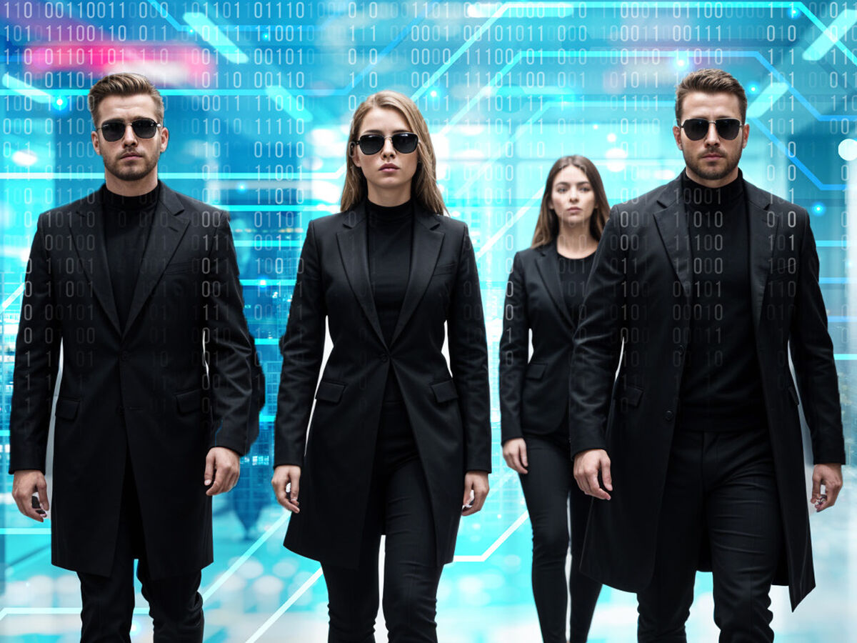 Fünf elegante Personen in Schwarz schreiten selbstbewusst durch eine digitale, futuristische Umgebung. SHD bietet IT-Lösungen.