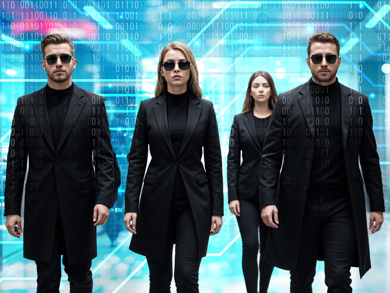 Fünf elegante Personen in Schwarz schreiten selbstbewusst durch eine digitale, futuristische Umgebung. SHD bietet IT-Lösungen.