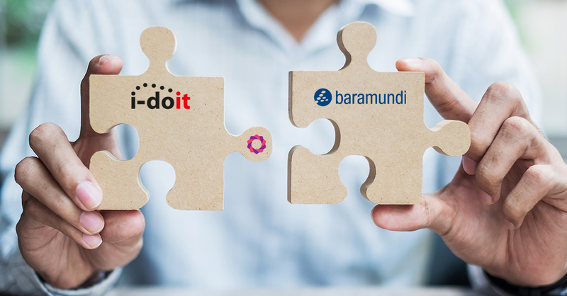 Zwei Puzzlestücke mit den Logos „i-doit“ und „baramundi“ werden zusammengefügt, Symbol für IT-Kooperationen von SHD.