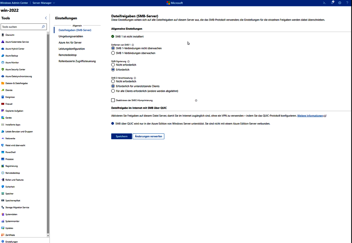 Einstellungen für Datei­freigaben in einem Windows-Server-Manager-Anwendungsfenster werden konfiguriert.