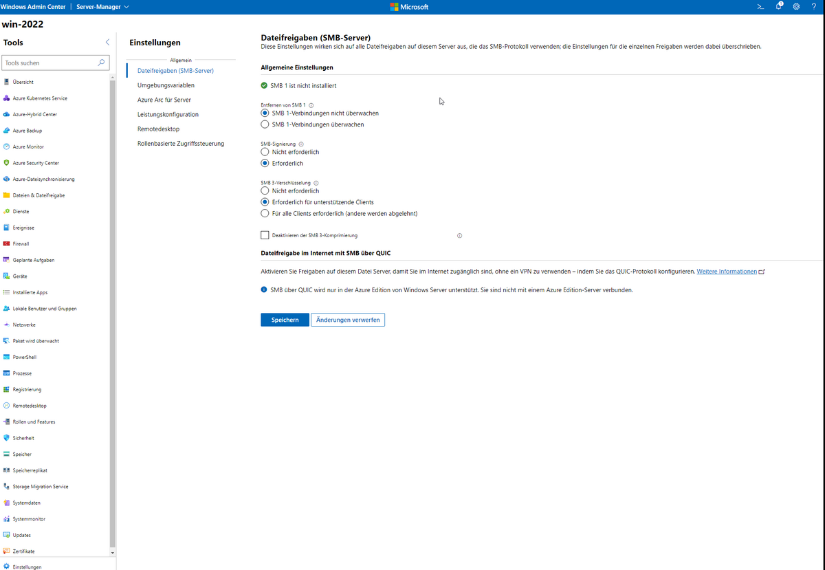 Einstellungen für Dateifreigaben in einem Windows-Server-Manager-Anwendungsfenster werden konfiguriert.