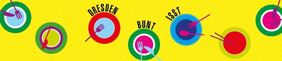 Bunte Teller mit Besteck, die das kulinarische Angebot von Dresden zusammenfassen – gestaltet für SHD.