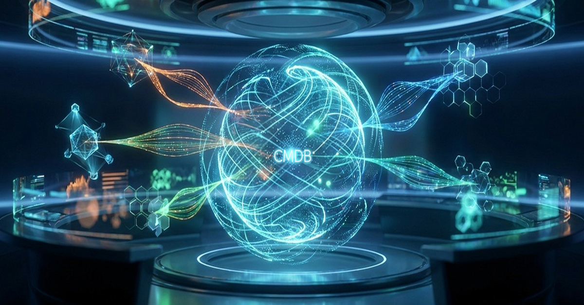 Futuristische Visualisierung einer zentralen CMDB als leuchtende Kugel, umgeben von vernetzten Datenströmen und digitalen Interface-Elementen