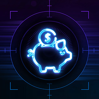 Ein leuchtendes Sparschwein mit Dollarzeichen wird in einem futuristischen, digitalen Umfeld hervorgehoben.