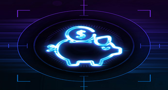 Ein leuchtendes Sparschwein mit Dollarzeichen wird in einem futuristischen, digitalen Umfeld hervorgehoben.