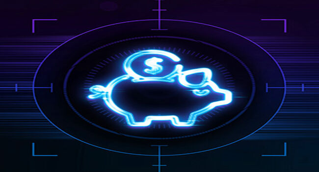 Ein leuchtendes Sparschwein mit Dollarzeichen wird in einem futuristischen, digitalen Umfeld hervorgehoben.