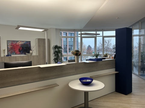 Moderne Empfangstheke mit Pflanzen, Kunst und Blick auf die Umgebung, repräsentiert SHD.