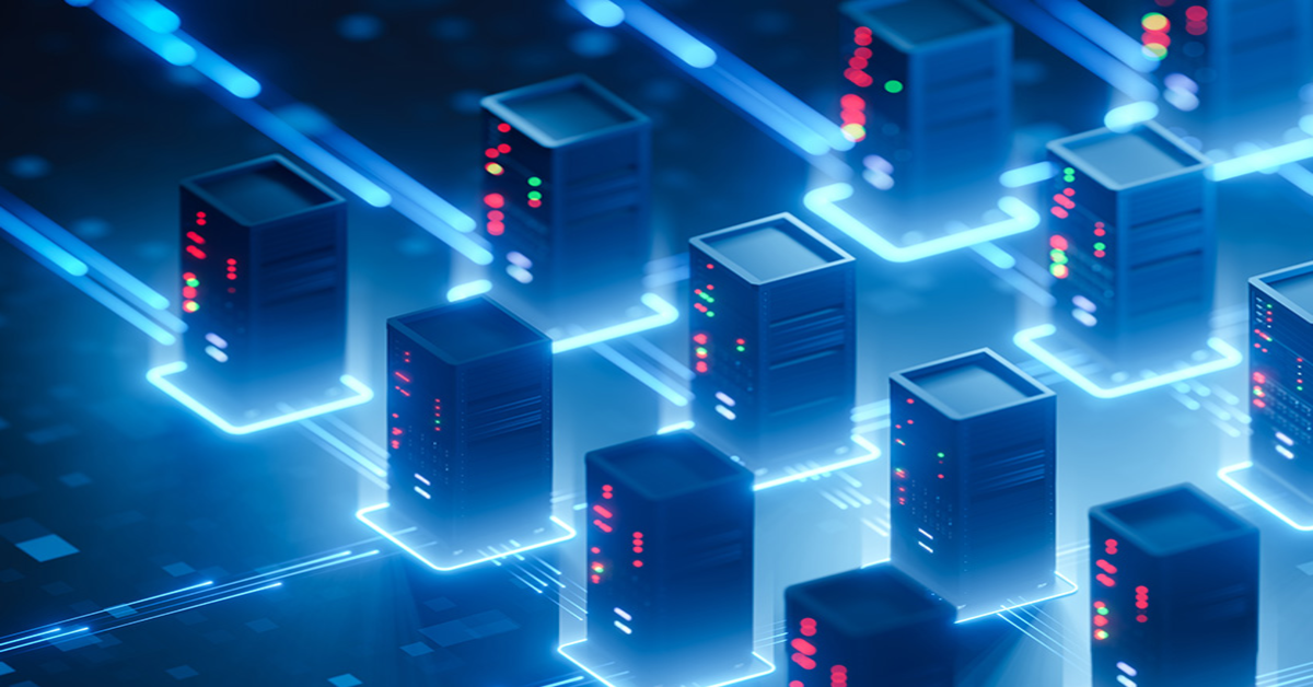 Serverracks mit leuchtenden Verbindungen, daneben das Proxmox-Logo