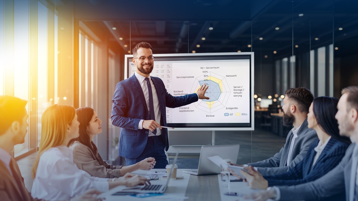 Ein IT-Consultant präsentiert einer sitzenden Gruppe die Ergebnisse seiner IT-Analyse an einem Bildschirm, ein Netzdiagramm stellt IST und SOLL gegenüber.