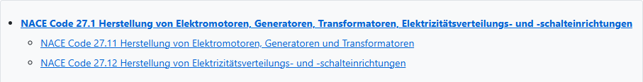 Auszug aus der NACE Code-Übersicht für NIS-2 mit Fokus auf Code 27.1 zur Herstellung von Elektromotoren und Co.