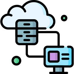 Icon eines lokalen Rechners, der mit einem Cloud-Server verbunden ist und eine hybride Umgebung darstellt