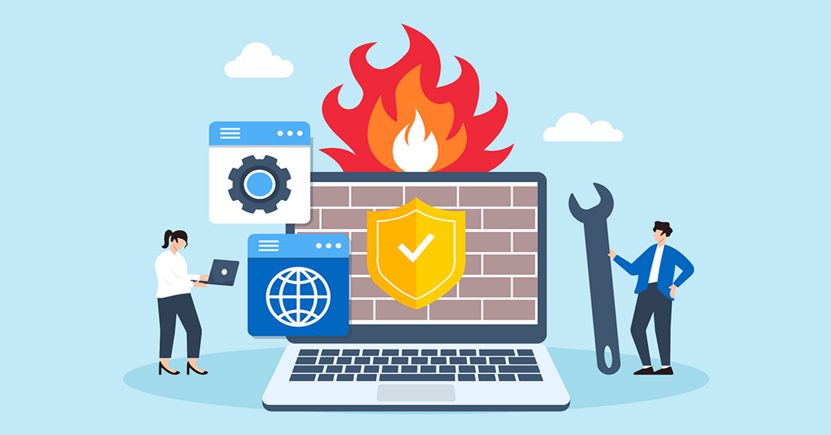 Mehrere Personen mit Werkzeugen vor einem Laptop mit Mauer, Feuer und Schutzschild als Darstellung von Einrichtung, Betrieb und Wartung einer Firewall-Lösung.