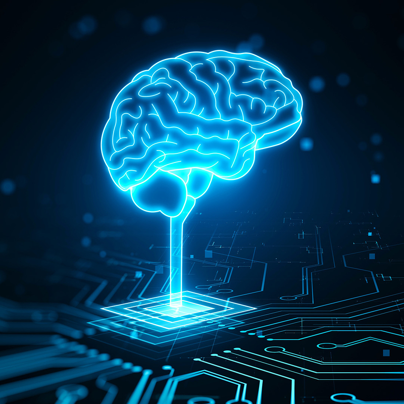 Leuchtendes Gehirn, das Daten auf einem Schaltkreis überträgt, symbolisiert innovative IT-Lösungen von SHD.