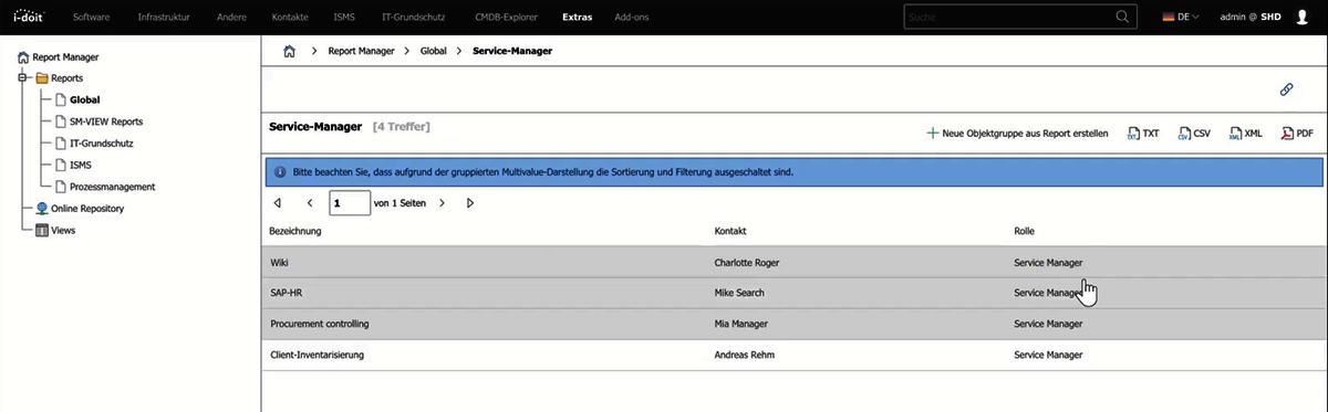 Screenshot aus dem Tool i-doit für IT-Dokumentation, der die Kontaktdaten der Service-Manager auflistet, die für Themen wie Wiki, Procurement oder Inventarisierung verantwortlich sind.
