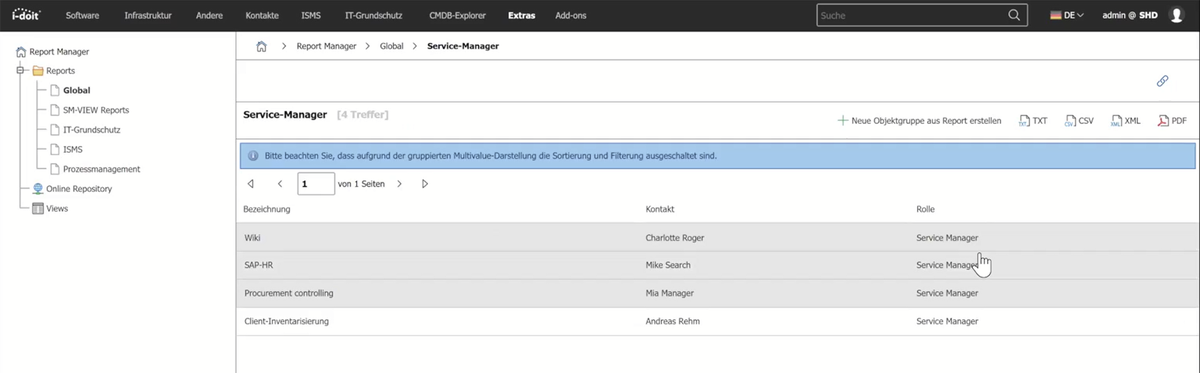 Screenshot aus dem Tool i-doit für IT-Dokumentation, der die Kontaktdaten der Service-Manager auflistet, die für Themen wie Wiki, Procurement oder Inventarisierung verantwortlich sind.