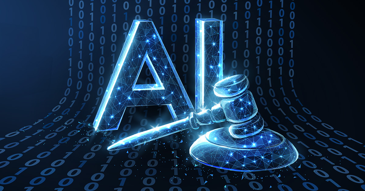 Eine Gitternetz-Darstellung von den Buchstaben AI und einem Richterhammer vor einem Datenstrom symbolisieren die Rechtsprechung zur Künstlichen Intelligenz.