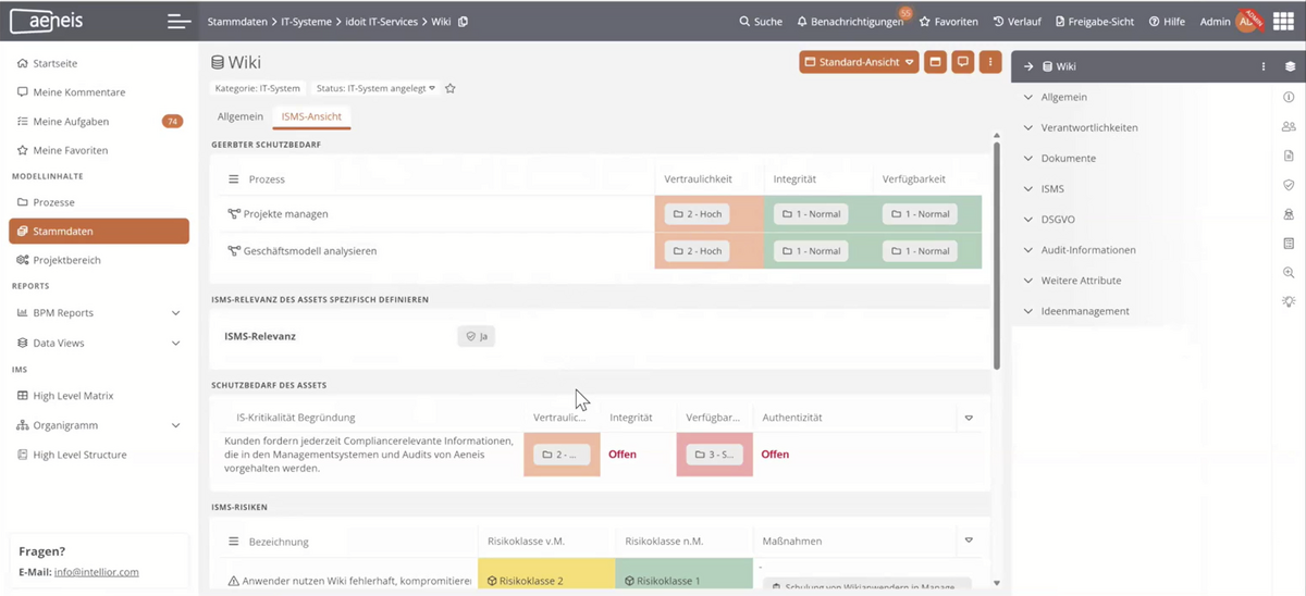 Screenshot aus dem Tool Aeneis für Prozessmodellierung, der eine Stammdaten-Übersicht mit Infos zu ISMS-relevanten Prozessen und Risiken abbildet.