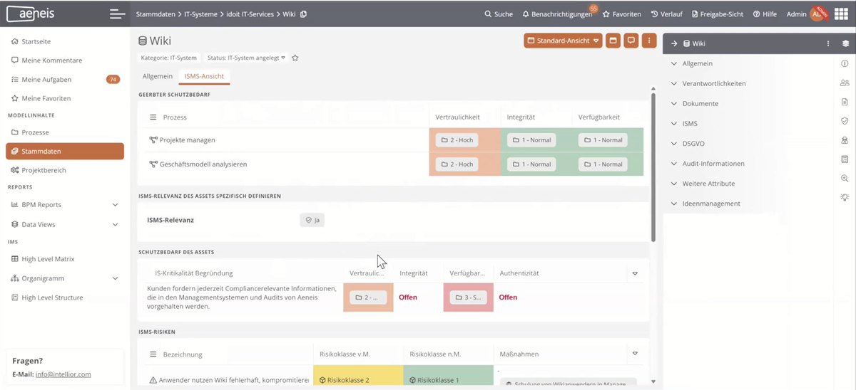Screenshot aus dem Tool Aeneis für Prozessmodellierung, der eine Stammdaten-Übersicht  mit Infos zu ISMS-relevanten Prozessen und Risiken abbildet.