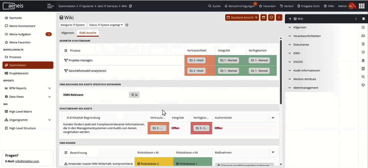 Screenshot aus dem Tool Aeneis für Prozessmodellierung, der eine Stammdaten-Übersicht mit Infos zu ISMS-relevanten Prozessen und Risiken abbildet.