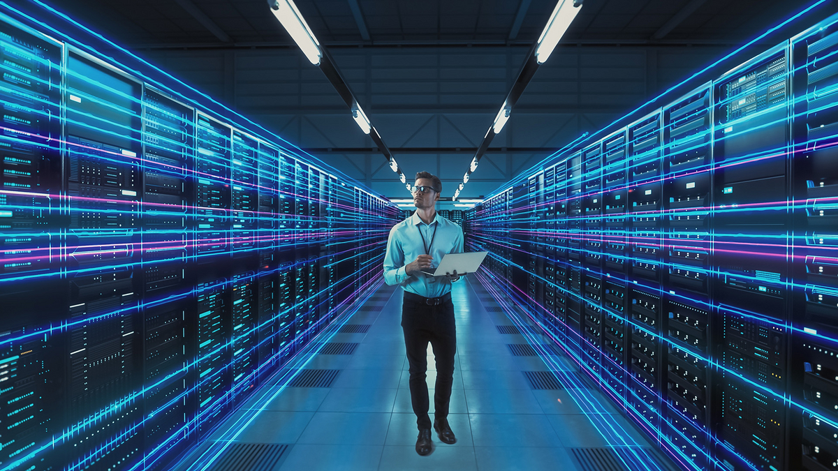 Ein IT-Techniker bewegt sich mit einem Laptop durch einen hochmodernen Serverraum von SHD.