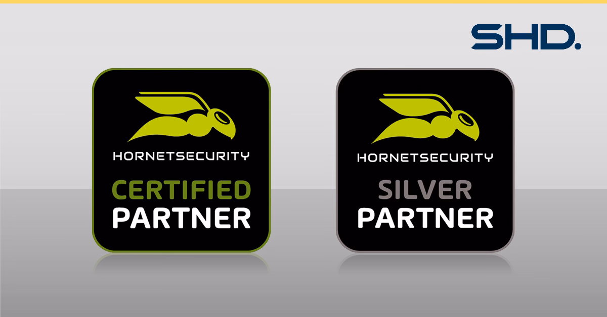 Zwei Siegel zeigen SHD als Certified Partner und Silver Partner von Hornetsecurity