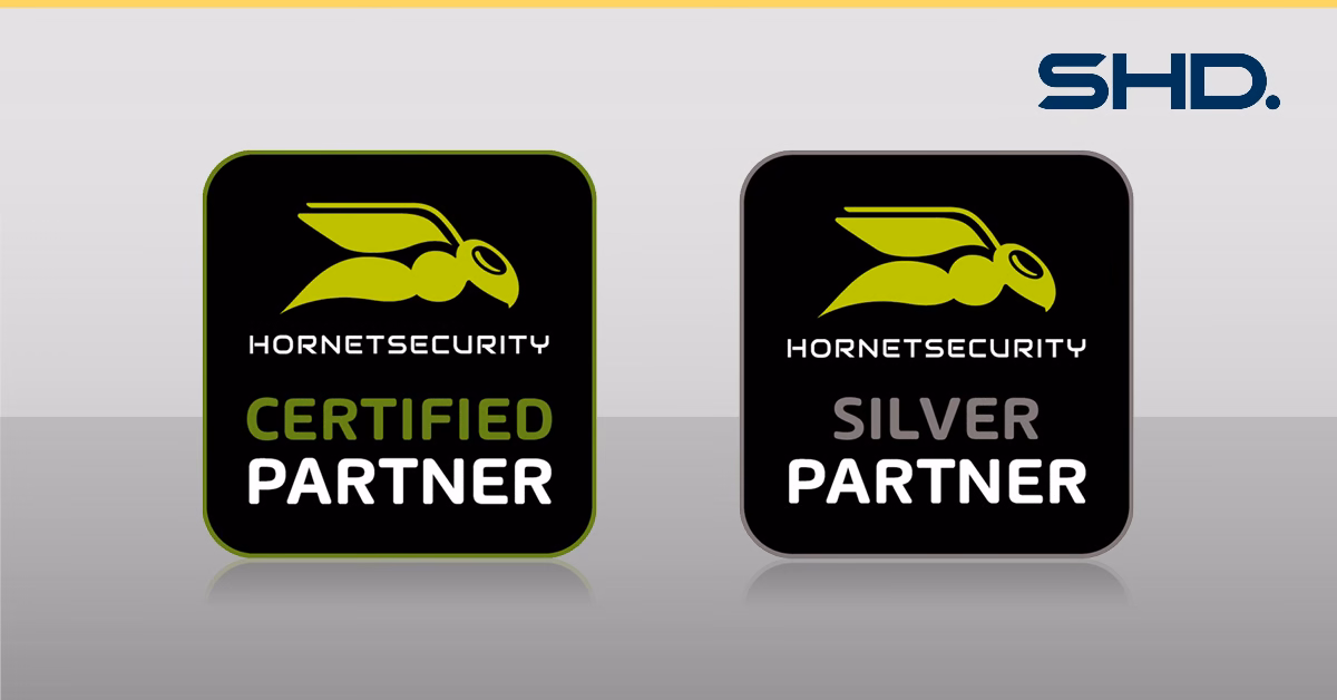 Zwei Siegel zeigen SHD als Certified Partner und Silver Partner von Hornetsecurity