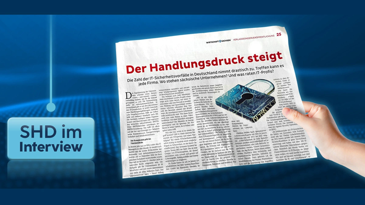 Eine Hand hält eine Zeitung über IT-Sicherheitsherausforderungen, Bett SHD im Interview befragt.