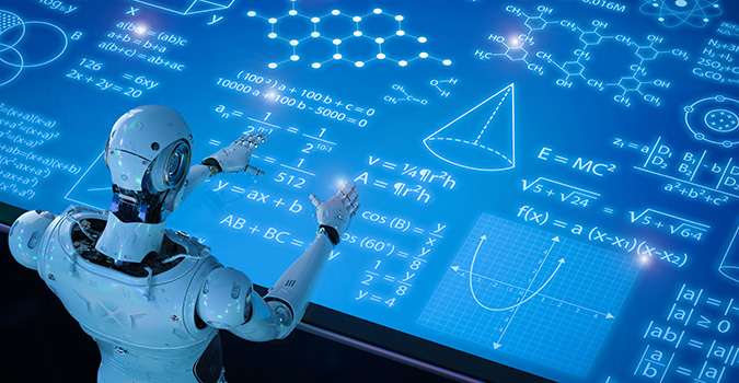 Ein Roboter interagiert mit holographischen mathematischen und wissenschaftlichen Formeln in einem digitalen Raum.