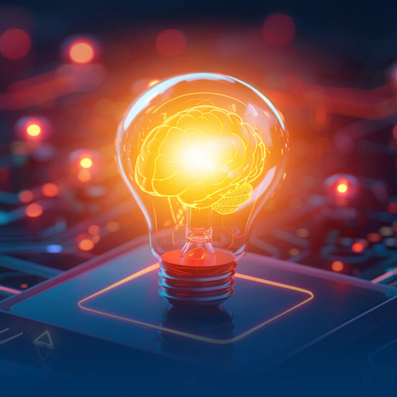 Eine leuchtende Glühbirne mit einem Gehirn in der Mitte symbolisiert das Arbeiten mit künstlicher Intelligenz im IT-Sektor.