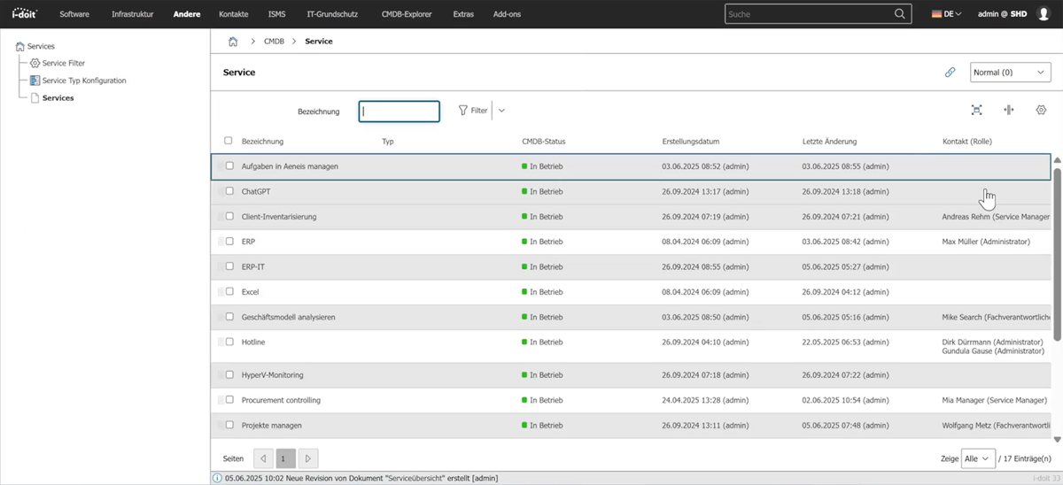 Screenshot aus dem Tool i-doit für IT-Dokumentation, der genutzte Services wie ERP oder ChatGPT sowie deren CMDB-Status, Kontakte und Datumsangaben auflistet.