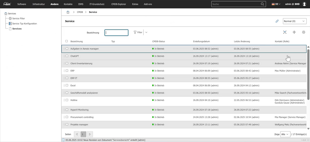 Screenshot aus dem Tool i-doit für IT-Dokumentation, der genutzte Services wie ERP oder ChatGPT sowie deren CMDB-Status, Kontakte und Datumsangaben auflistet.