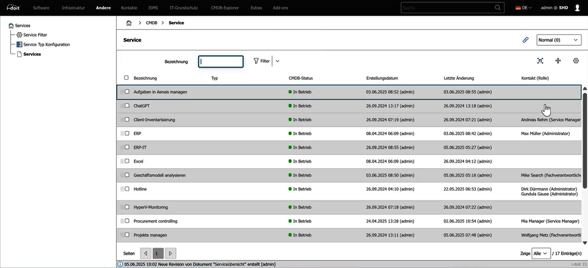 Screenshot aus dem Tool i-doit für IT-Dokumentation, der genutzte Services wie ERP oder ChatGPT sowie deren CMDB-Status, Kontakte und Datumsangaben auflistet.