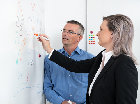 Zwei Personen diskutieren strategische Lösungen, während sie an einer Wandtafel zeichnen. SHD unterstützt bei digitalen Transformationen.