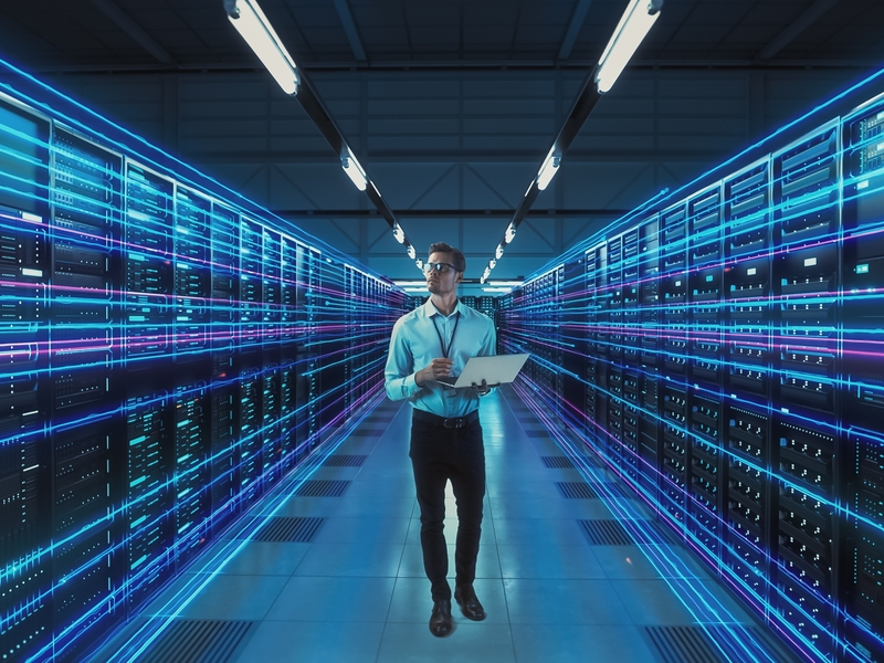 IT-Spezialist überprüft Server in einem hochmodernen Rechenzentrum von SHD mit innovativer Technik.