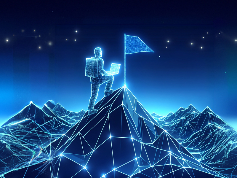 Ein stilisierter Mensch steht auf einem Hügel mit Laptop und Fähnchen, umgeben von futuristischen Bergen. SHD bietet digitale Lösungen für Unternehmen.