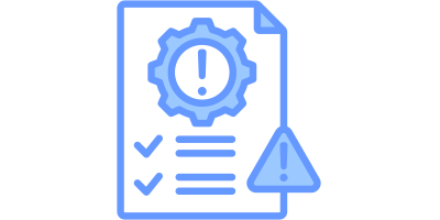 Grafische Darstellung eines Dokuments mit Zahnrad, Haken und Warnschild als Symbol für die Protokollierung von Prozessen.