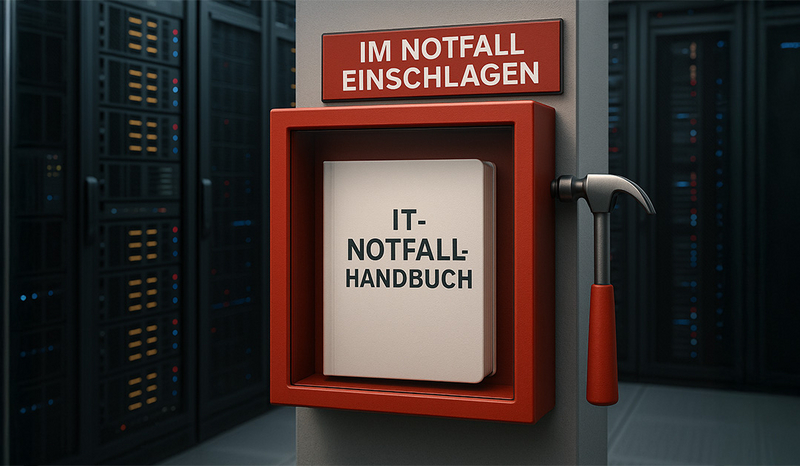 Ein roter Notfallkasten in einem Serverraum mit einem Hammer daneben, um die Scheibe einzuschlagen. Im Kasten liegt ein IT-Notfallhandbuch.