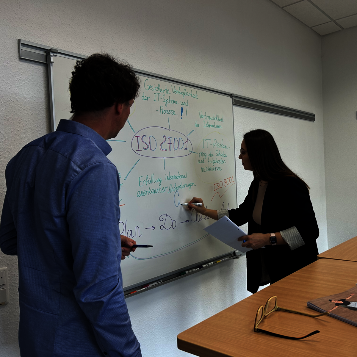 Zwei Personen diskutieren und schreiben an einer Präsentationswand in einem Büro.