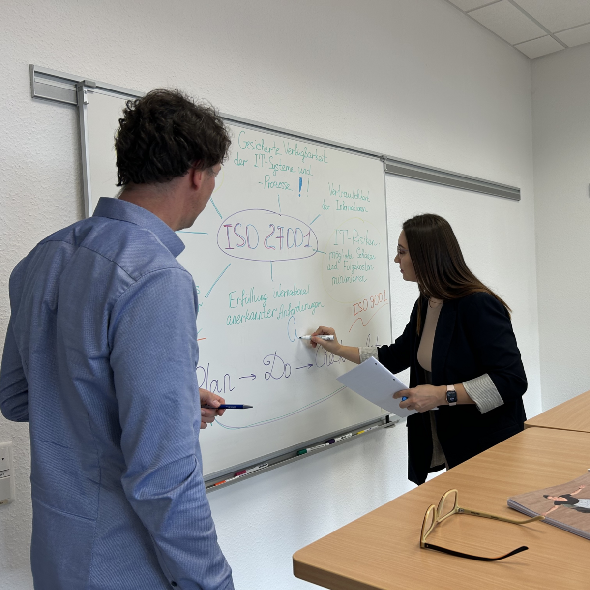 Zwei Personen diskutieren und schreiben an einer Präsentationswand in einem Büro.