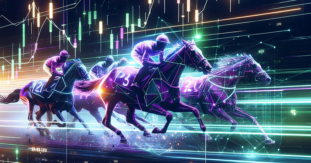 Mehrere Rennpferde mit Jockeys, die nebeneinander galoppieren. Die Szene ist digital und futuristisch gestaltet, mit leuchtenden Neonfarben und geometrischen Linien.
