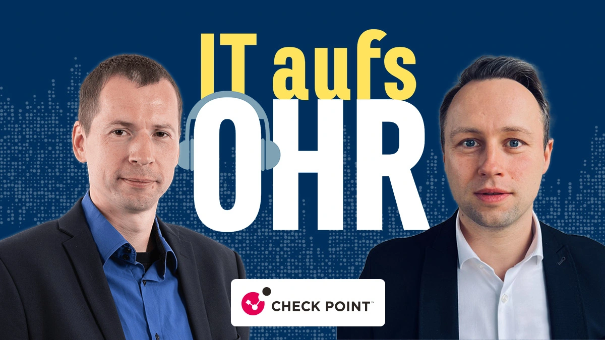 Zwei Männer sprechen über IT-Dienstleistungen, präsentiert von SHD und Check Point.