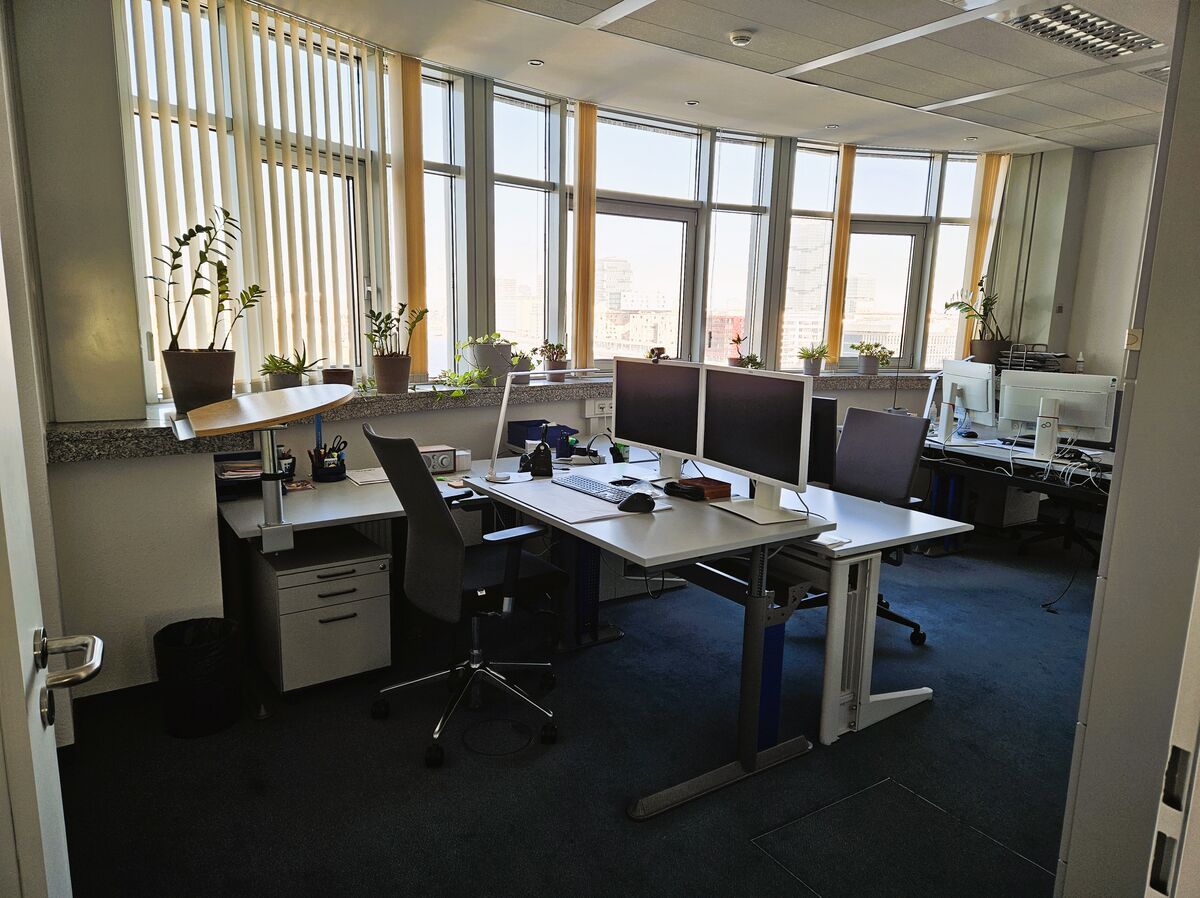 Modernes Berliner Büro mit zwei Schreibtischen, Monitoren und Pflanzen, gestaltet für IT-Dienstleistungen von SHD.