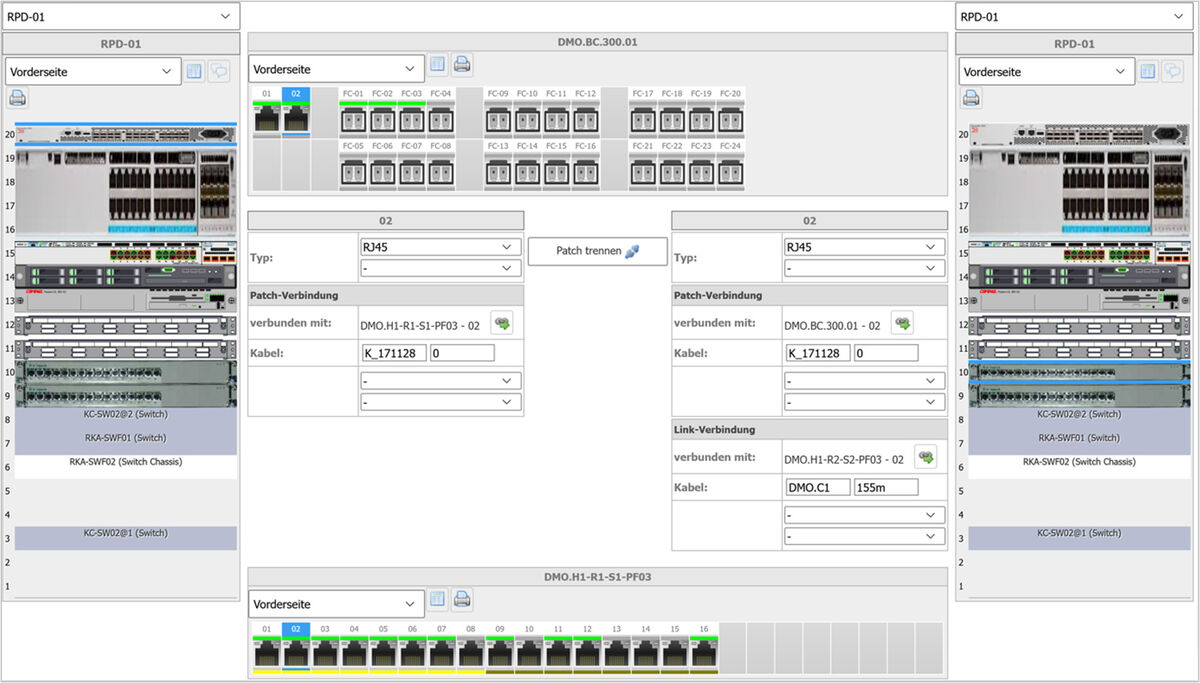 Netzwerkinfrastruktur-Anzeige mit Switch-Patch-Verbindungen, verwaltet durch Lösungen von SHD.
