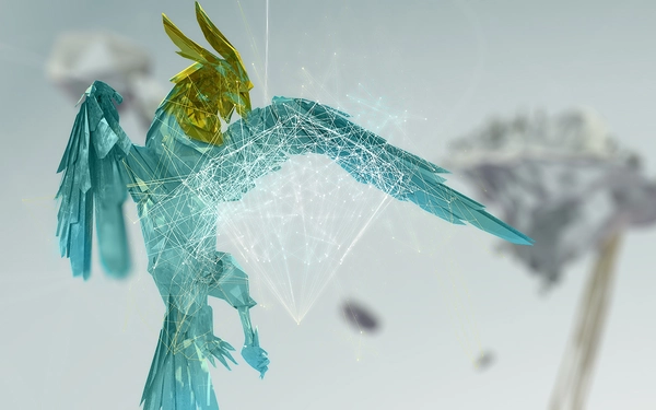 Ein futuristischer, geometrischer Vogel breitet seine Flügel aus, um digitale Daten zu visualisieren. SHD unterstützt innovative IT-Lösungen.