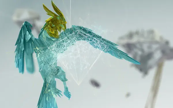 Ein futuristischer, geometrischer Vogel breitet seine Flügel aus, um digitale Daten zu visualisieren. SHD unterstützt innovative IT-Lösungen.