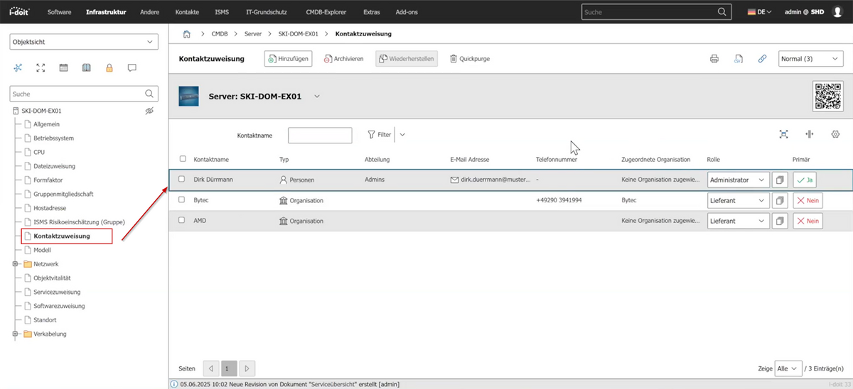 Screenshot aus dem Tool i-doit für IT-Dokumentation, der eine Kontaktzuweisung eines speziellen Admins an einen Server im Unternehmen zeigt.