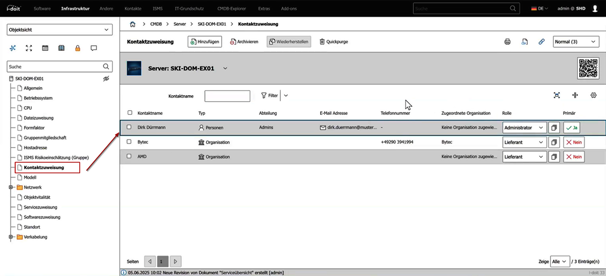 Screenshot aus dem Tool i-doit für IT-Dokumentation, der eine Kontaktzuweisung eines speziellen Admins an einen Server im Unternehmen zeigt.